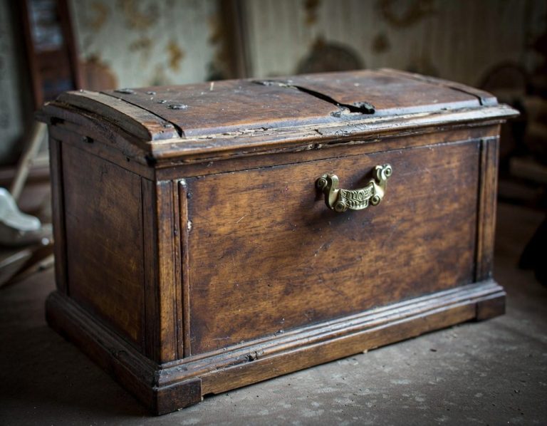 Antique wooden chest with a curved lid and metal clasp, resting on a dusty surface.