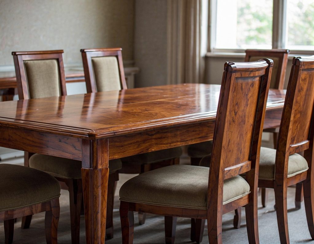 A wooden dining table surrounded by upholstered chairs in a well-lit room.