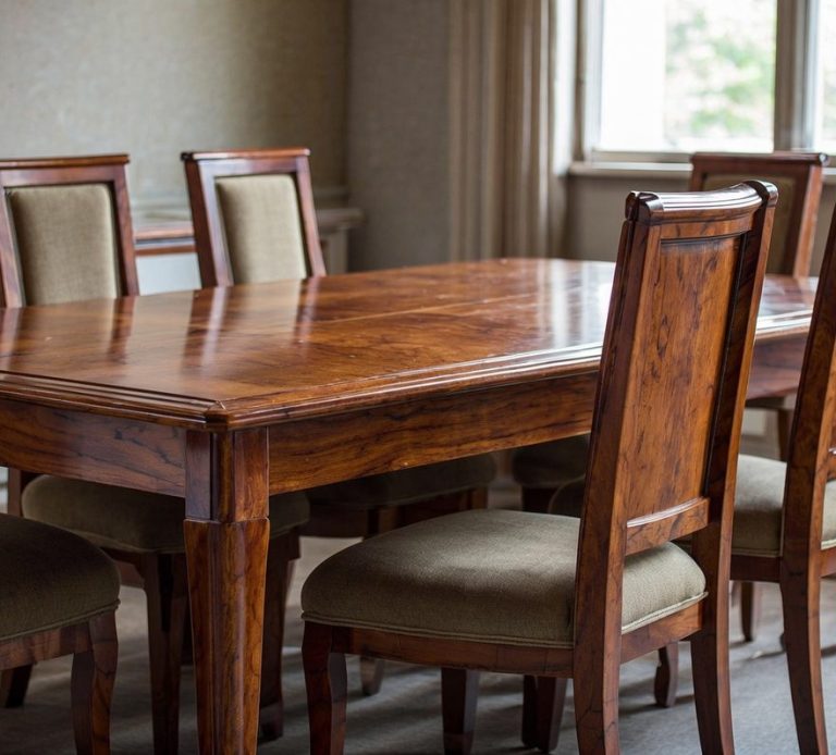 Wooden dining table surrounded by matching chairs in a well-lit room.